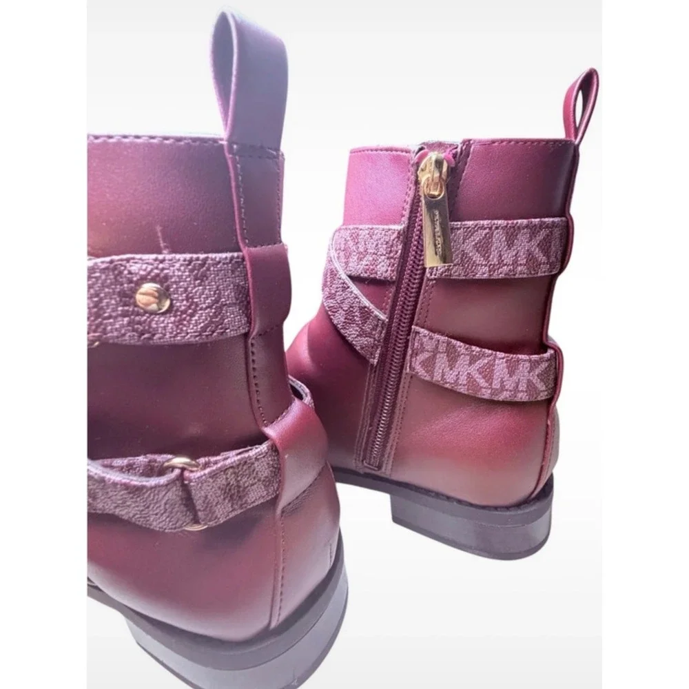 Michael Kors Womens Merlot Monogram Ankle Boots Gold MK Logo Buckle Side Zip